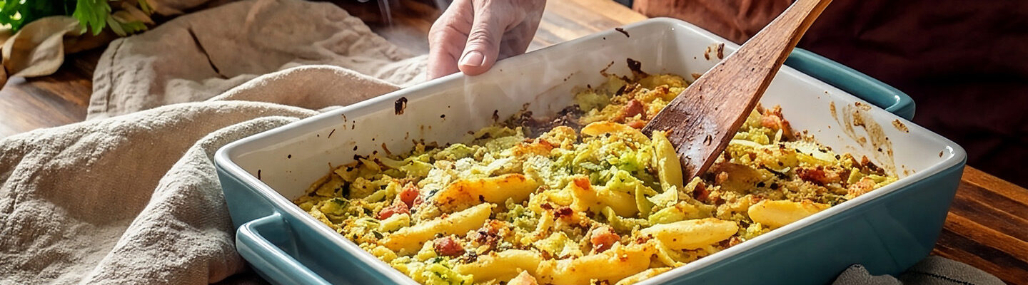 Wirsingauflauf mit Schupfnudeln und Kasseler frisch aus dem Ofen in einer Auflaufform